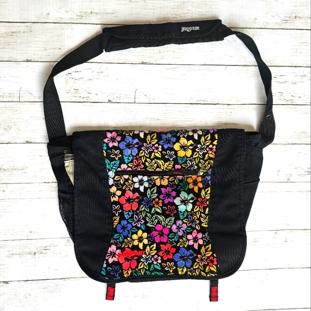 RARE VINTAGE Jansport Messenger Laptop Shoulder Bag Y2K Large Floral BlackVelvet - Picture 1 of 13
